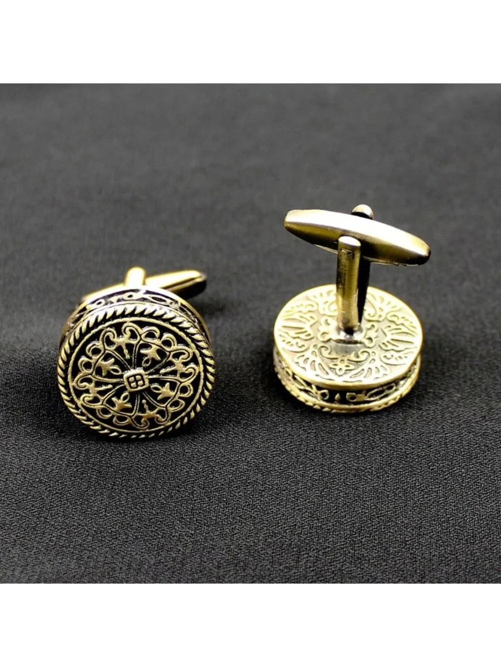 Vintage Round Brass Cufflinks for Men, Tuxedo Accessories with Walnut Gift Box